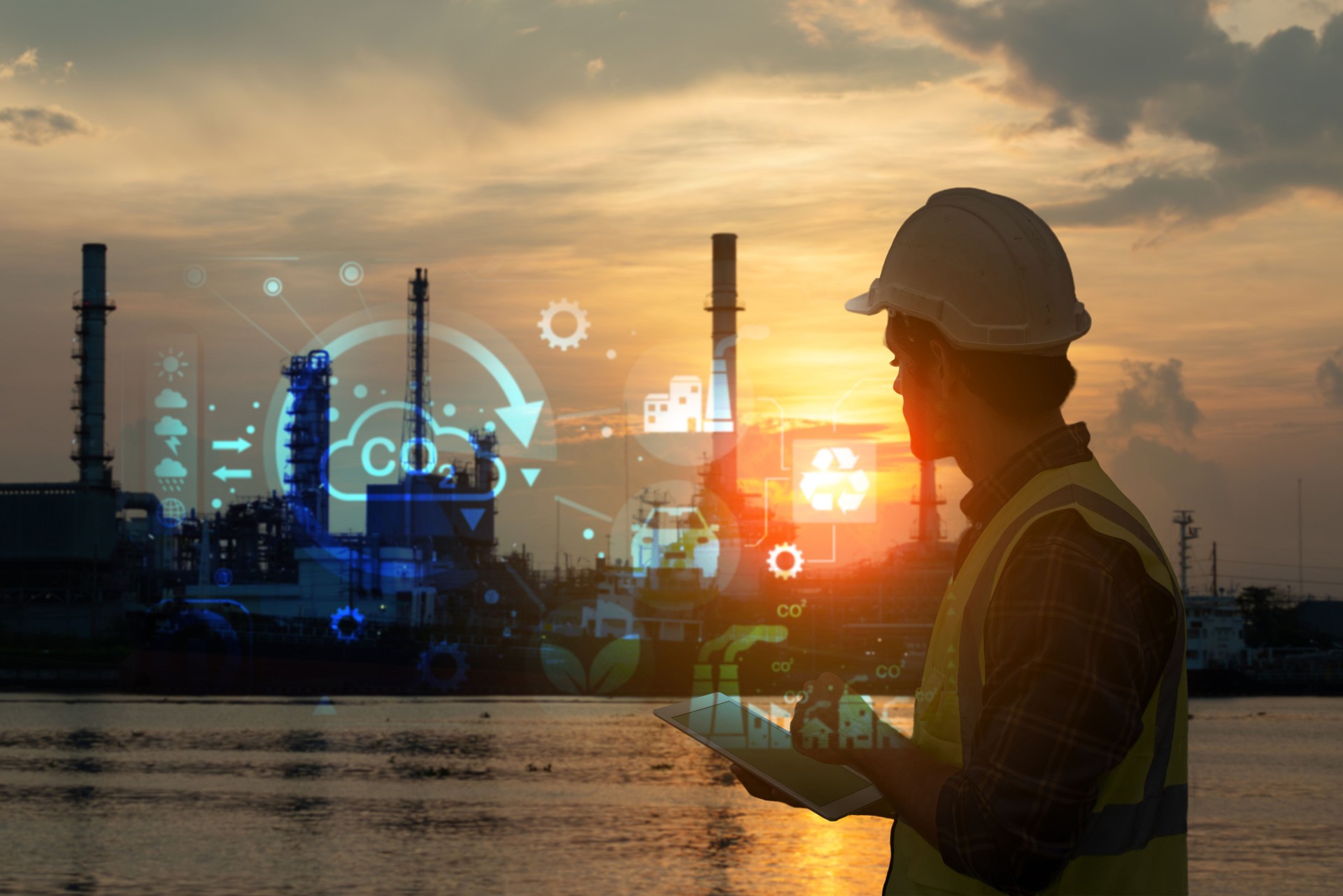 Engineer Monitoring Smart Refinery with Augmented Data Interface