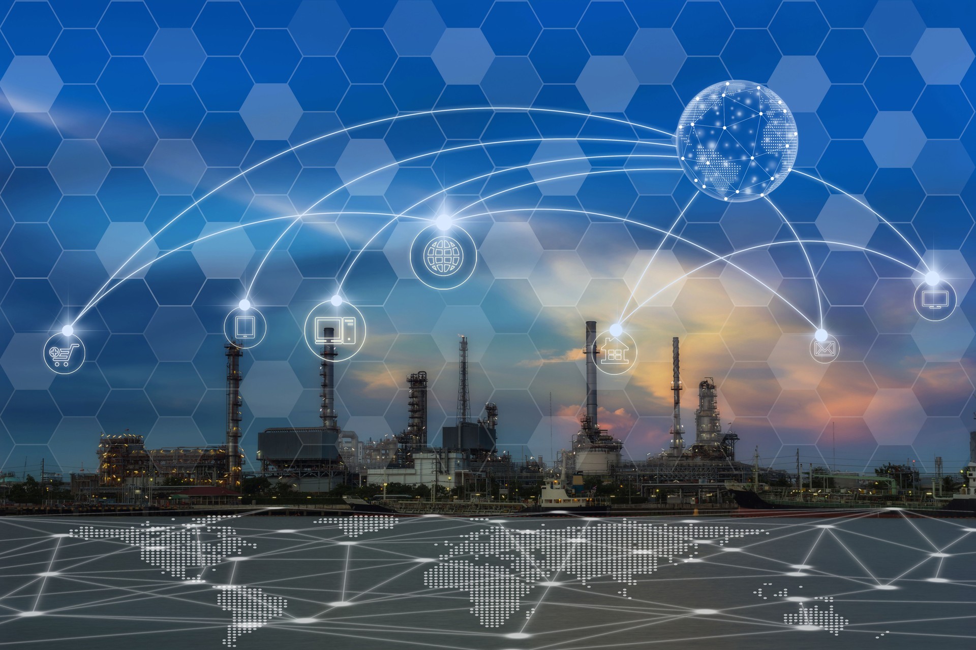 Communication network with multichannel omni channel of Oil and gas refinery at twilight - Petrochemical factory, Technology Smart City with Internet of Things concept